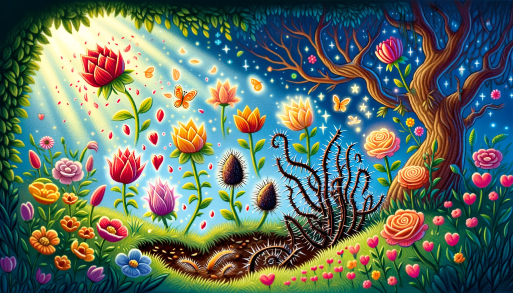 ilustração da tranformação das flores pelo cha de ayahuasca